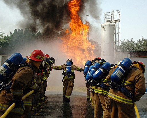 090225-N-7862M-001.RIFFA, Bahrain (Feb. 25, 2009) Naval Support Activity Bahrain Emergency Response Team fire brigade members participate in a training exercise at the Bahrain Ministry of the Interior Fire Training Academy in Riffa. The training was part of Desert Sailor 2009, a two-week event designed to enhance skills needed for responding to terrorist incidents or natural disasters. (U.S. Navy photo by Mass Communication Specialist 2nd Class Stephen Murphy/Released).